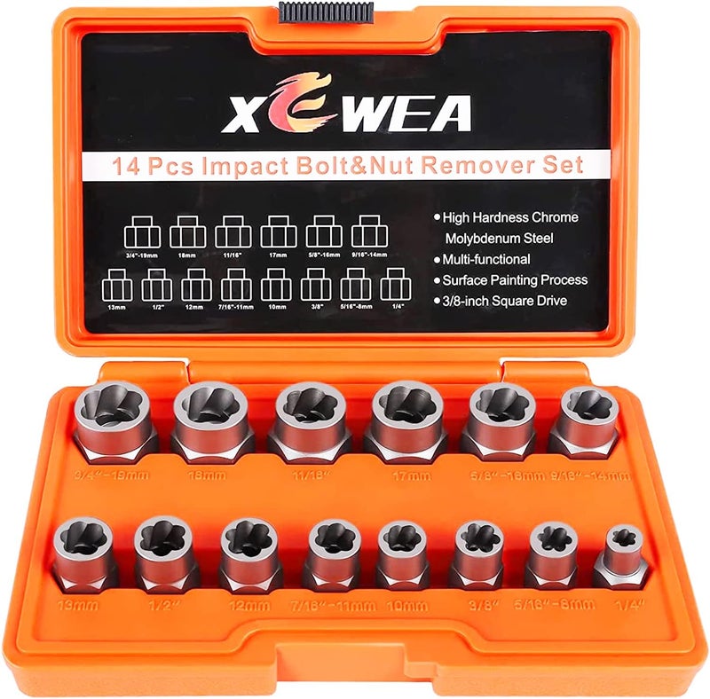 XEWEA 14PCS Bolt Extractor Set, 3/8" Drive Impact Stripped Bolt Remover Extractor Socket Set for Removing Damaged Broken Rounded Off Bolt & Nut Remover Set with Storage Case,Father's Day Gift - Image 1